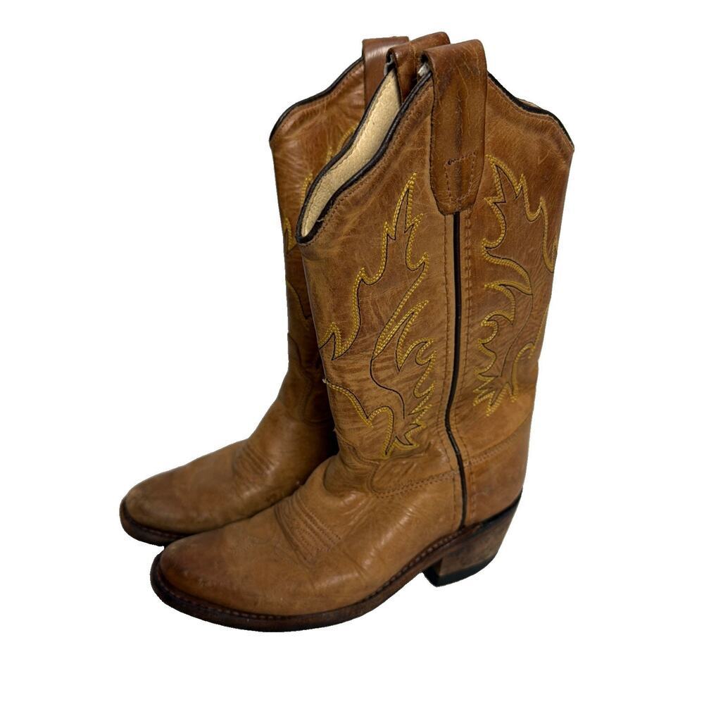 Old West Boys Brown Leather Western Boots Embroidered Round Toe Mid-Calf 10.5
